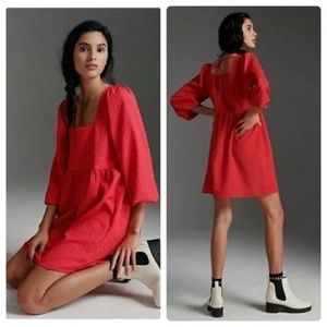 Amadi for Anthropologie Ester Red Square Neck puff sleeve mini dress